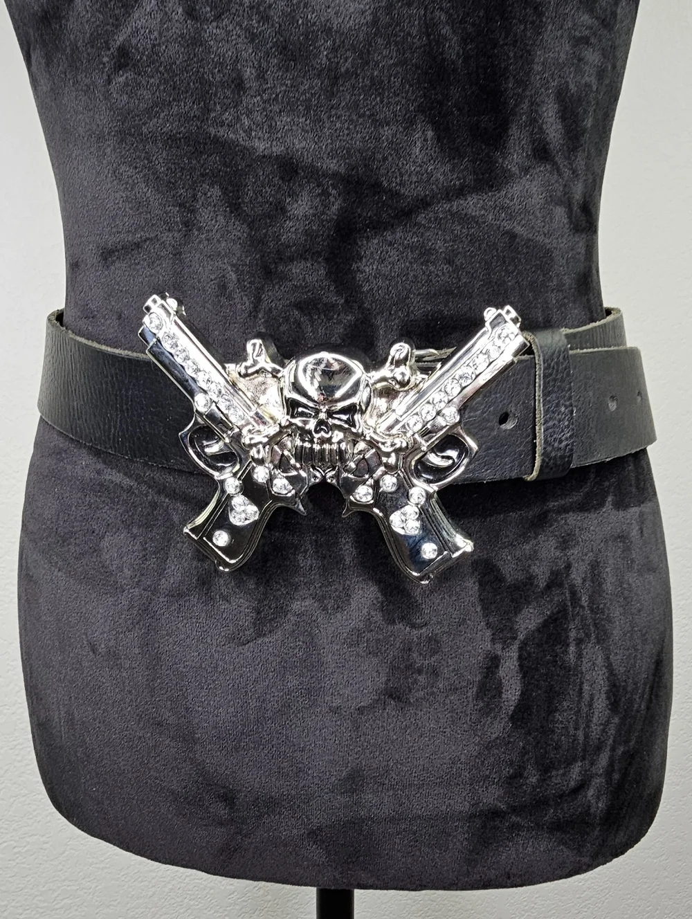 Rock Rebel Double Barrel Crossbones Skull Stone Leather Black Belt 32